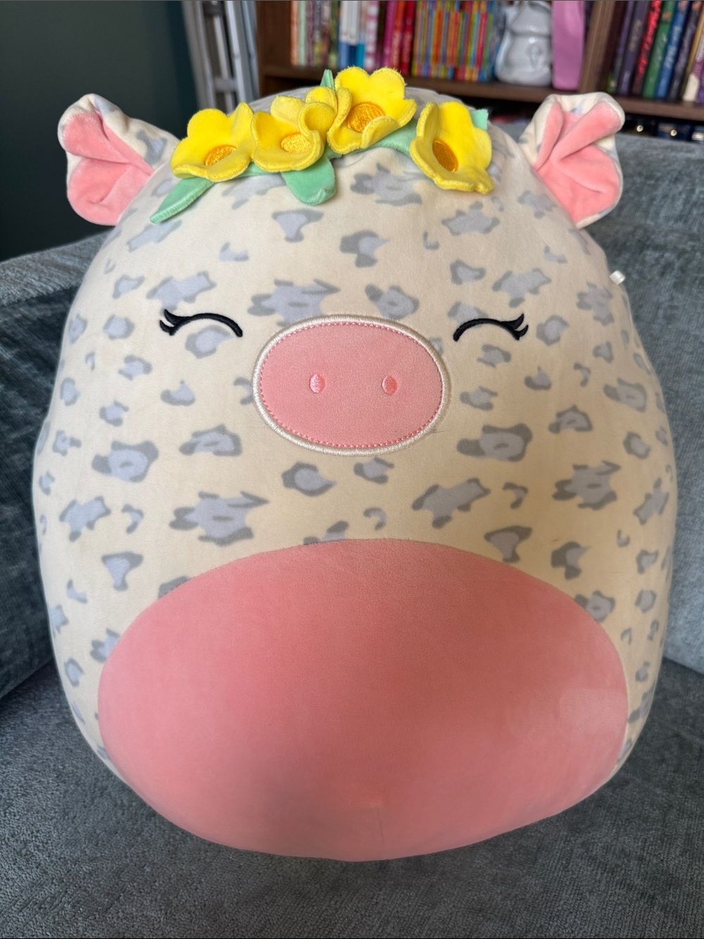 Squishmallow Plush Floral Pig Kids Pillow - Pink and Gray